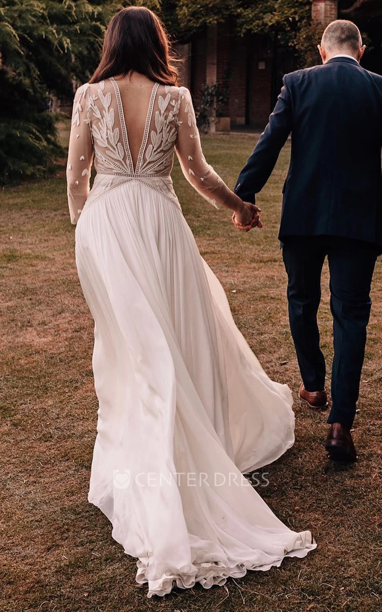 Plunging Neckline A-Line Chiffon Romantic Wedding Dress With Open Back And Appliques
