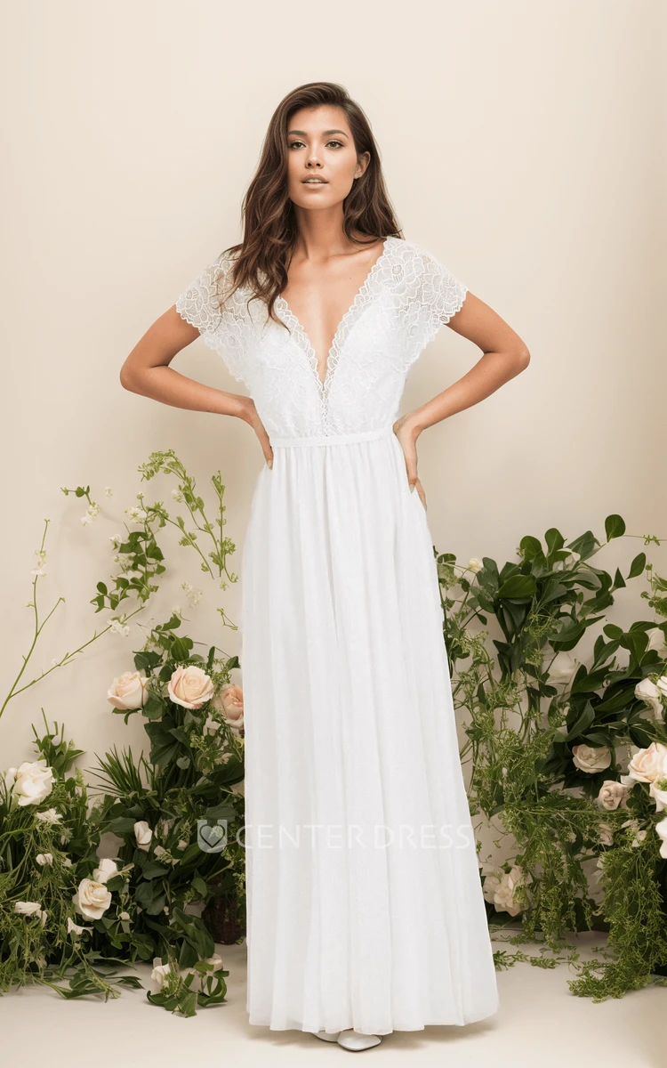 Short Sleeve Plunging Neckline Boho Lace Sexy A-Line Floor-length Wedding Dress with Ribbon Deep-V Back