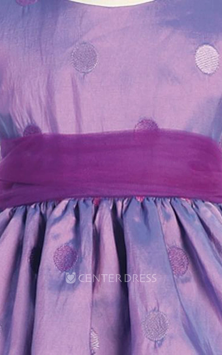 Tea-Length Bowed Cap-Sleeve Tulle&Taffeta Flower Girl Dress
