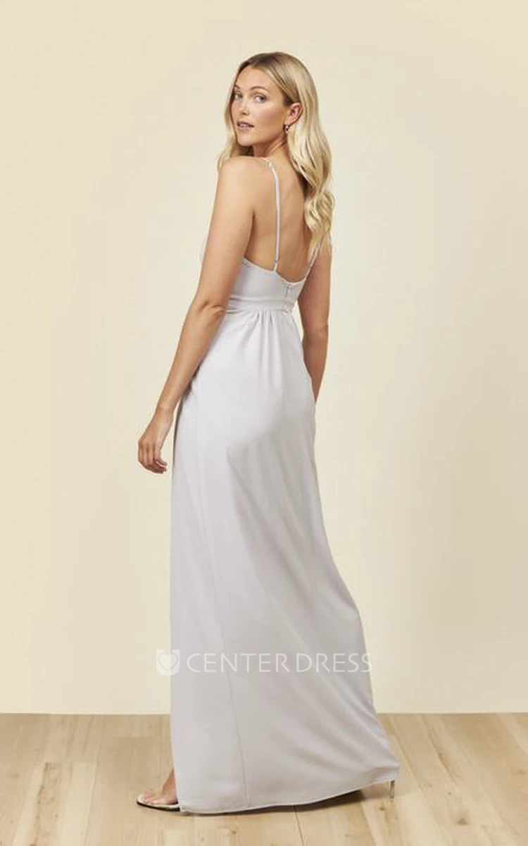 Front Split Spaghetti Straps V-neck And Ruched Details Bridesmaid Dress