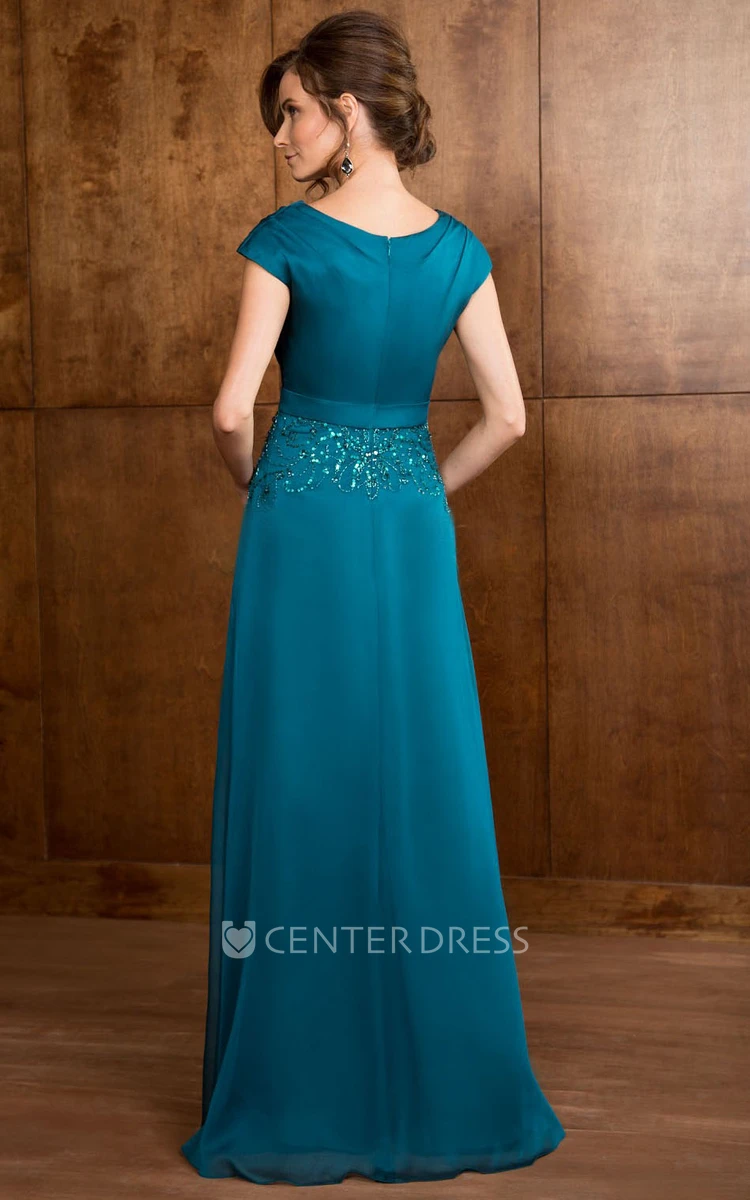 Cap-Sleeved Long Mother Of The Bride Dress With Sequins And Draped Neckline