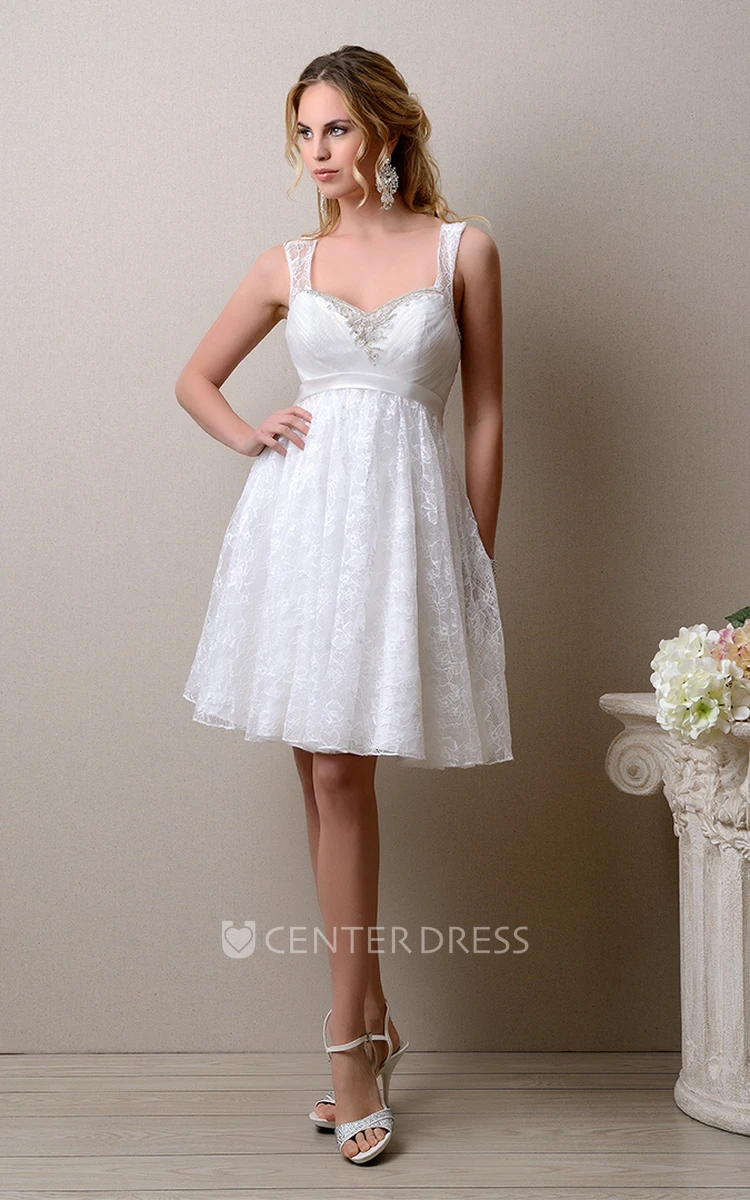 Knee Length A-Line Sleeveless Lace Wedding Dress With Beadings