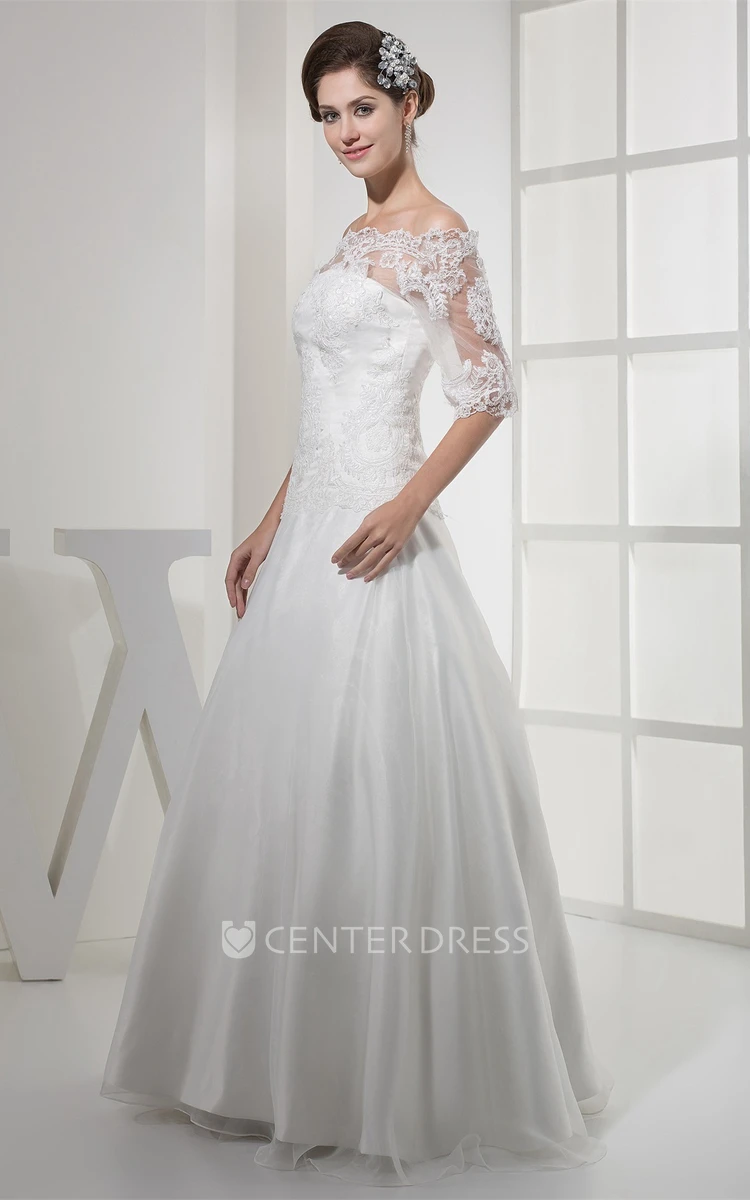 Half Sleeves Off-The-Shoulder A-Line Lace Wedding Gown with Appliques