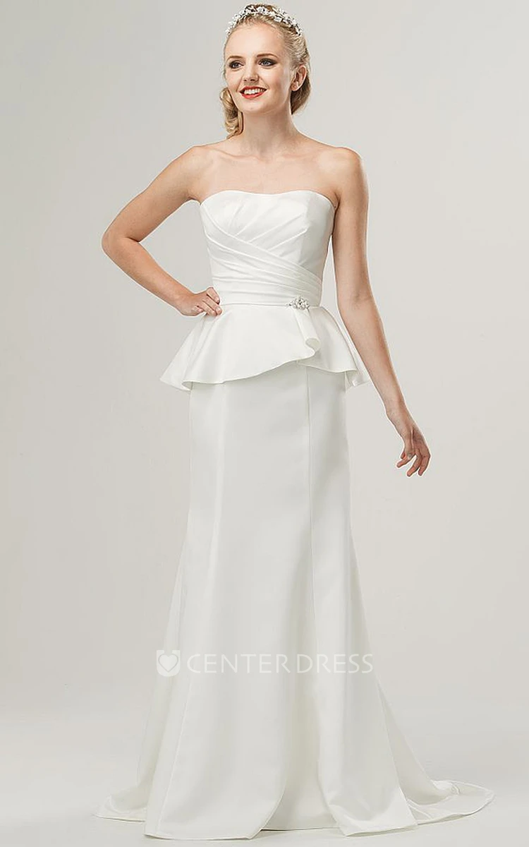 Sheath Floor-Length Sleeveless Strapless Peplum Satin Wedding Dress With Broach And Ruching