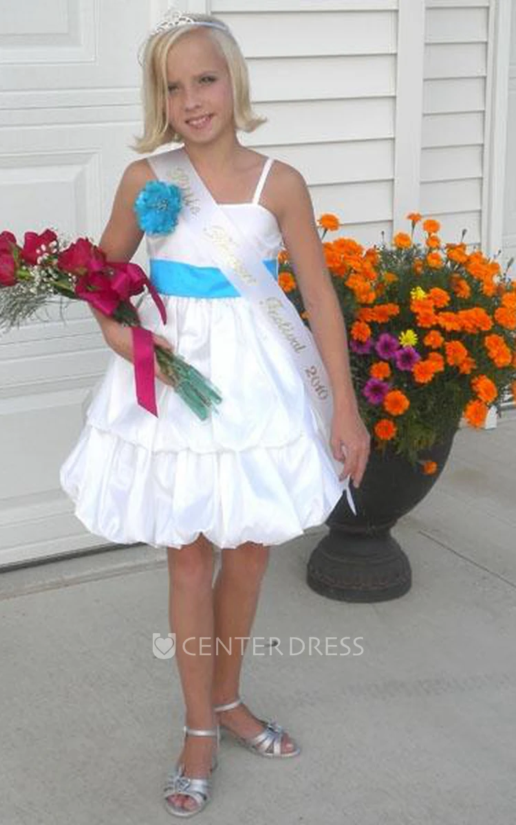 Floral Midi Cap-Sleeve Tiered Taffeta Flower Girl Dress With Cape