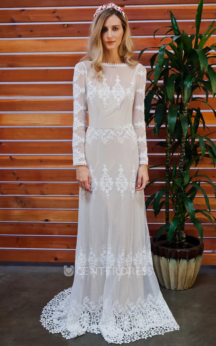 Retro Fall Sheath Bohemian Lace Long Sleeve Wedding Dress Casual Floral Country Bateau Neckline Backless Bridal Gown