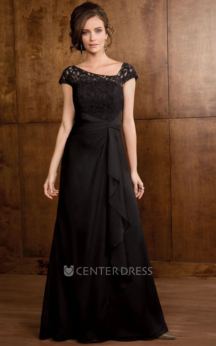 Cap-Sleeved A-Line Gown With Ruffles And Lace Bodice