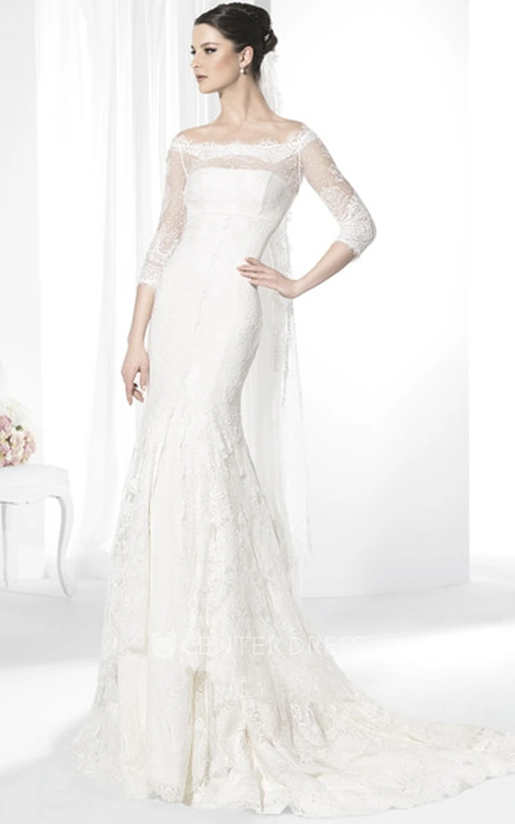 Sheath Tiered Bateau-Neck Half-Sleeve Lace Wedding Dress With Illusion