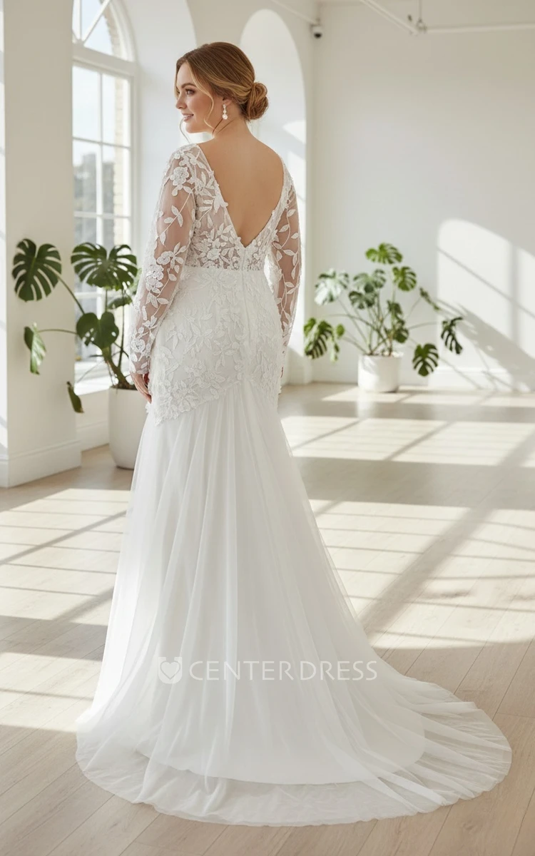 Long Sleeve Mermaid Plus Size V-neck Lace Spring Wedding Dress Backless with Train Garden