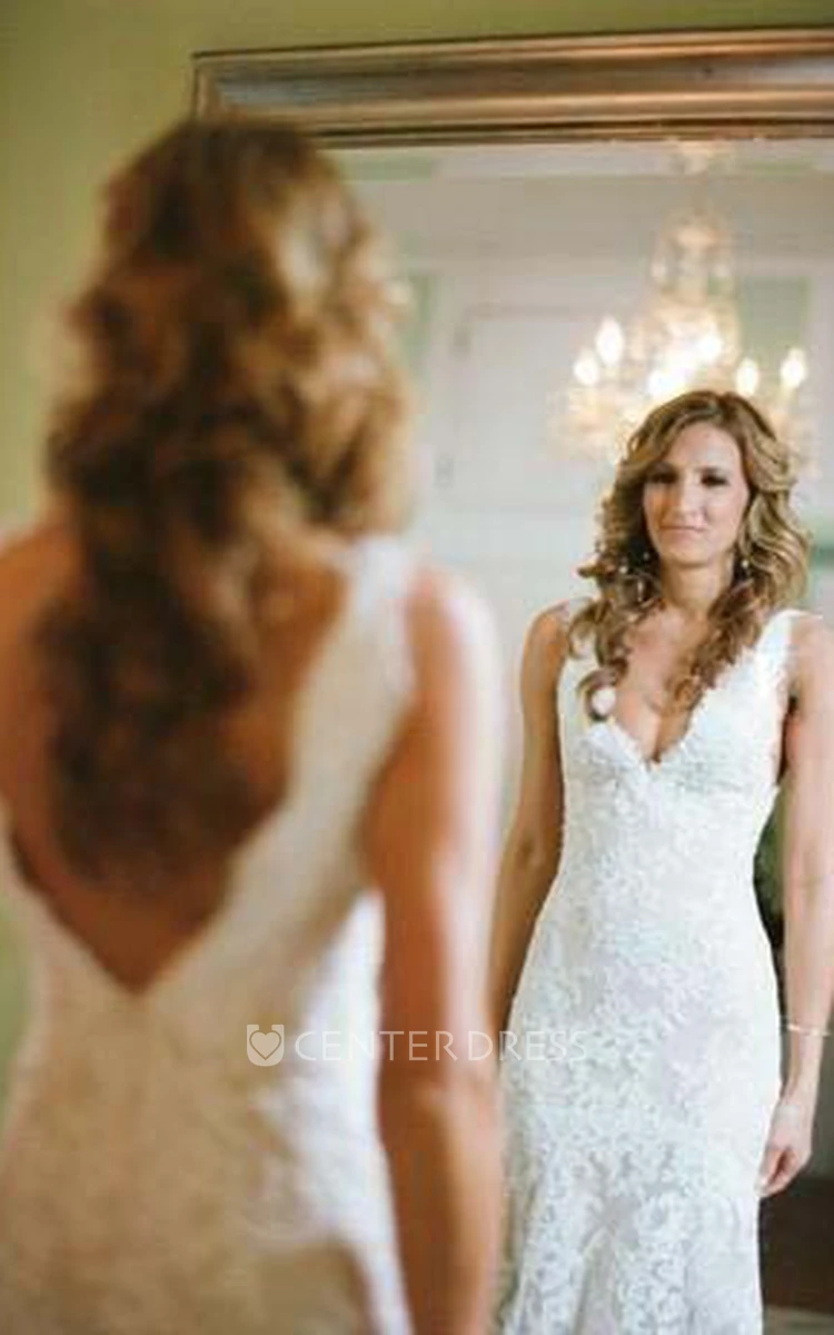 Sheath V-neck Lace Zipper Low-V Back Wedding Dress
