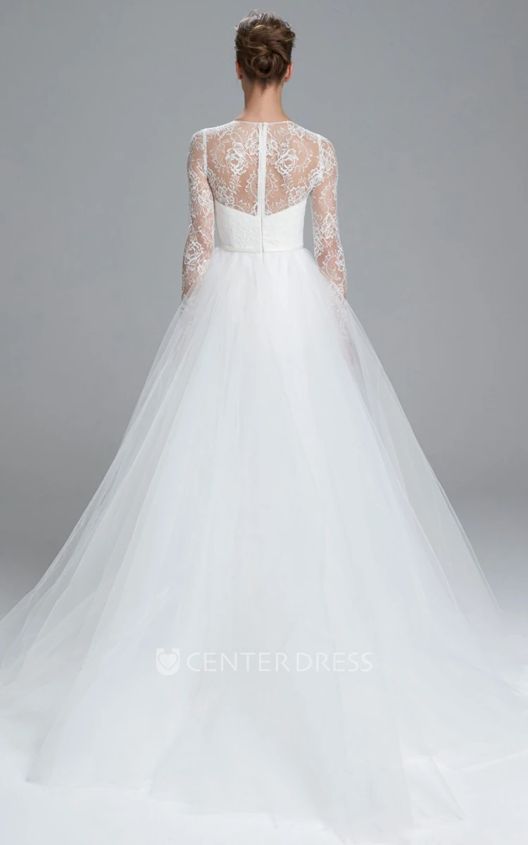 Ball Gown Long-Sleeve High Neck Tulle Wedding Dress With Lace And Illusion