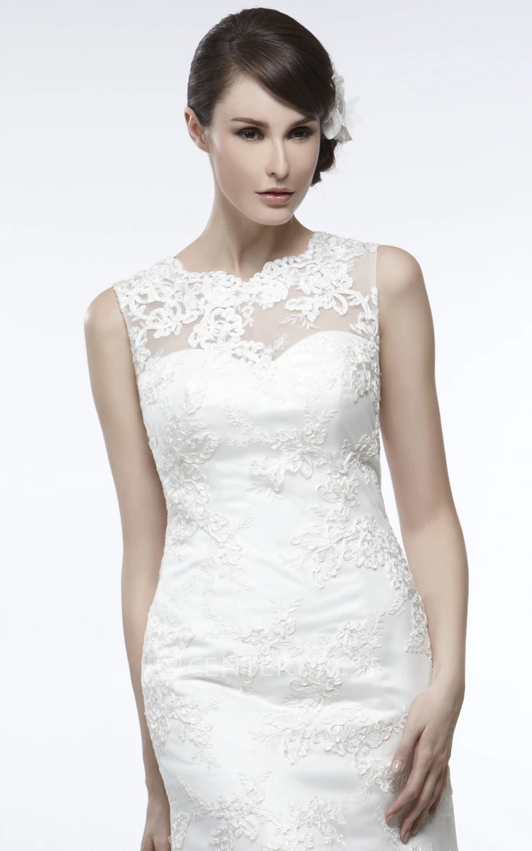 Sheath Sleeveless Appliqued Floor-Length Scoop Lace Wedding Dress With Illusion Back And Court Train