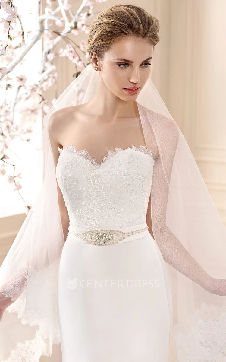 Sheath Maxi Appliqued 3-4-Sleeve Jewel-Neck Jersey&Lace Wedding Dress With Waist Jewellery