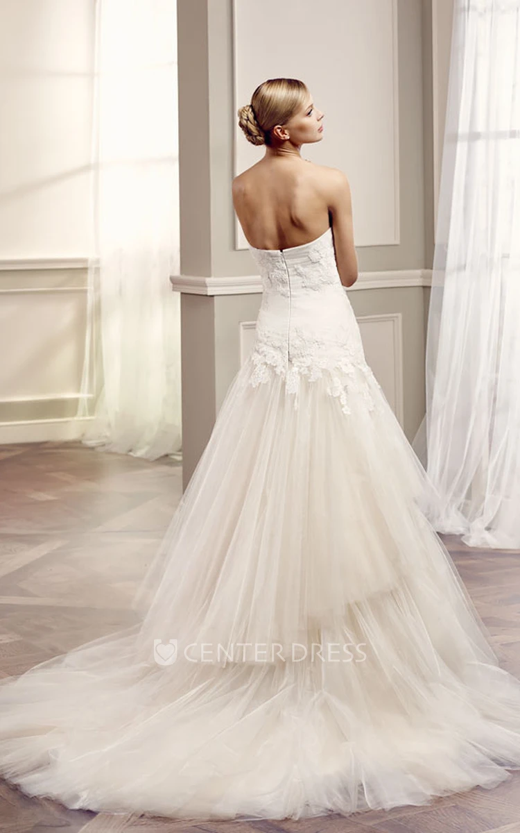 A-Line Tiered Sleeveless Long Strapless Tulle Wedding Dress With Pleats And Appliques