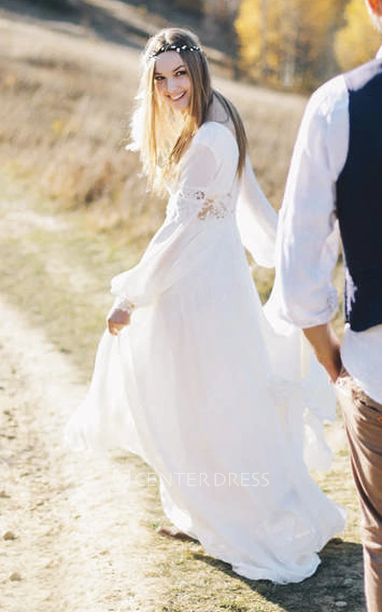 Chiffon Poet Long Sleeve And Front Split Bohemian Plunging Wedding Dress With Lace Details