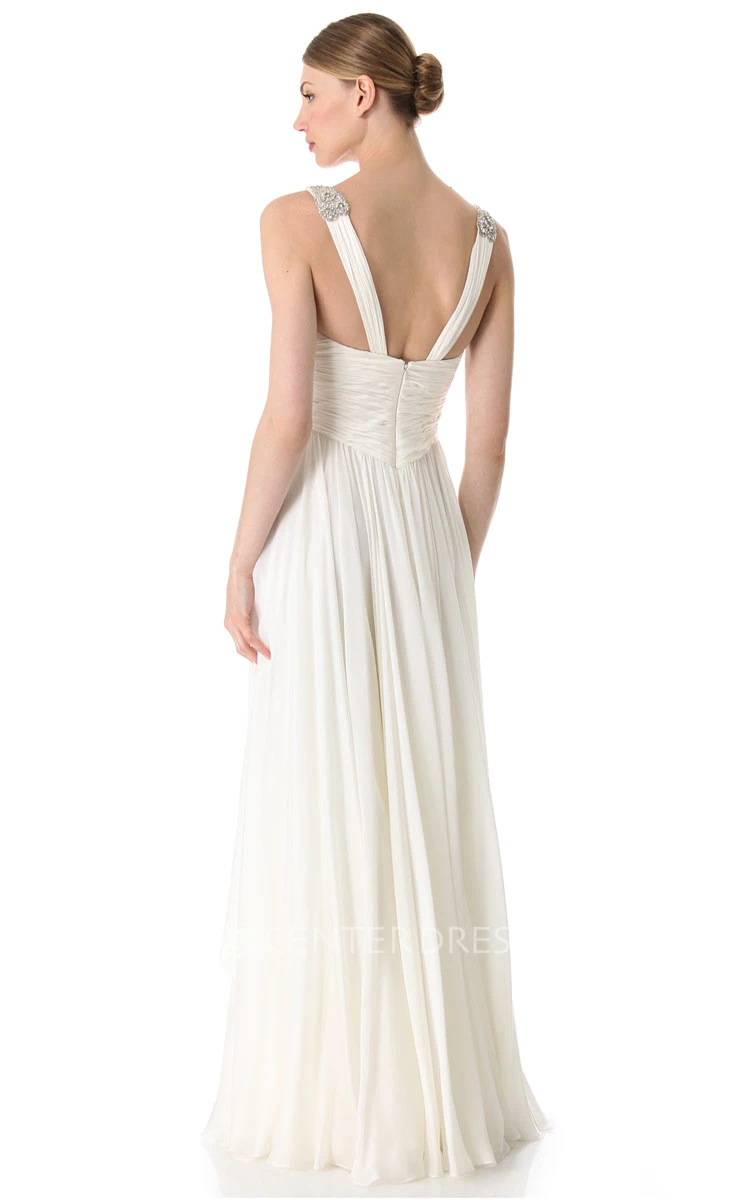 Grecian Deep-V Neckline Empire Chiffon Floor-length Dress With Broad Straps