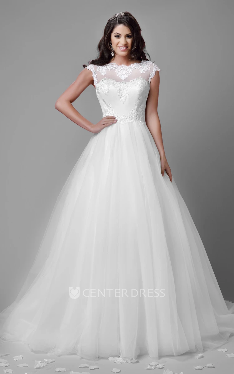 Tulle Cap Sleeve A-Line Wedding Dress With Illusion Back