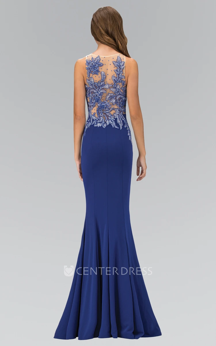 Sheath Scoop-Neck Sleeveless Jersey Illusion Dress With Beading And Appliques