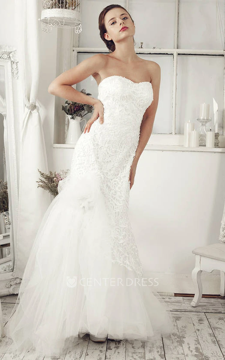 Trumpet Strapless Long Tulle Wedding Dress With Lace