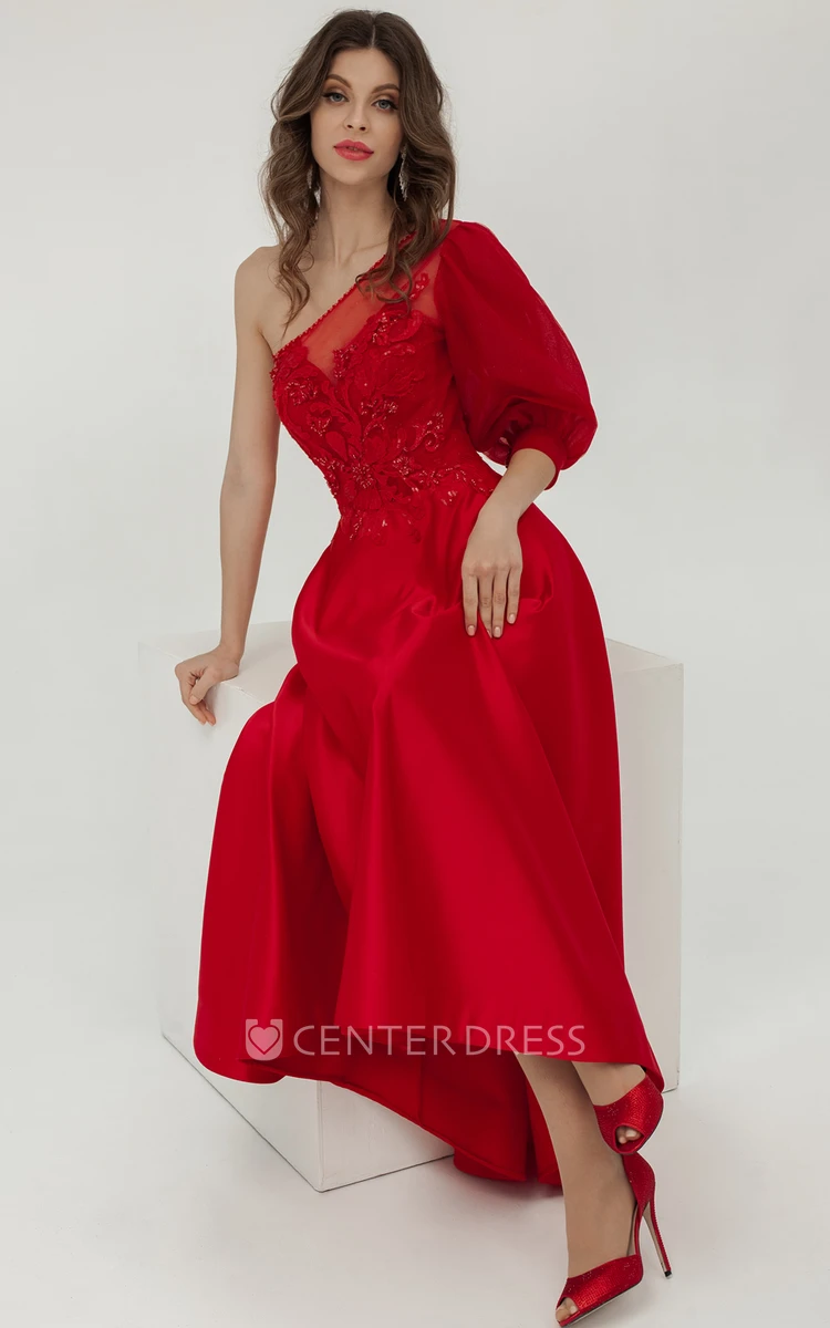 Ankle-length Satin Ethereal A-Line Prom Dress 2024 One-shoulder Unique