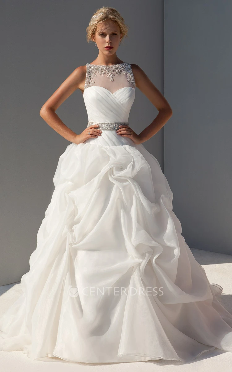 Ball Gown Floor-Length Pick-Up Jewel-Neck Sleeveless Organza Wedding Dress With Beading And Ruching