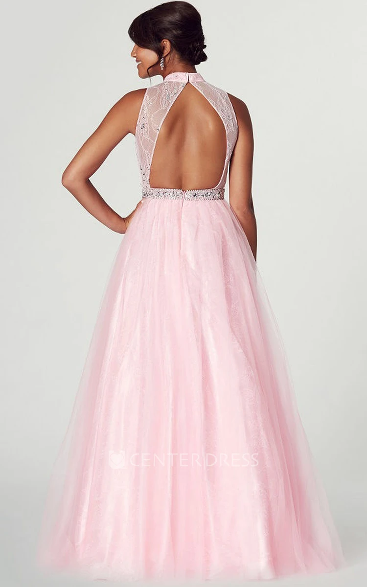 A-Line High Neck Appliqued Sleeveless Tulle Prom Dress