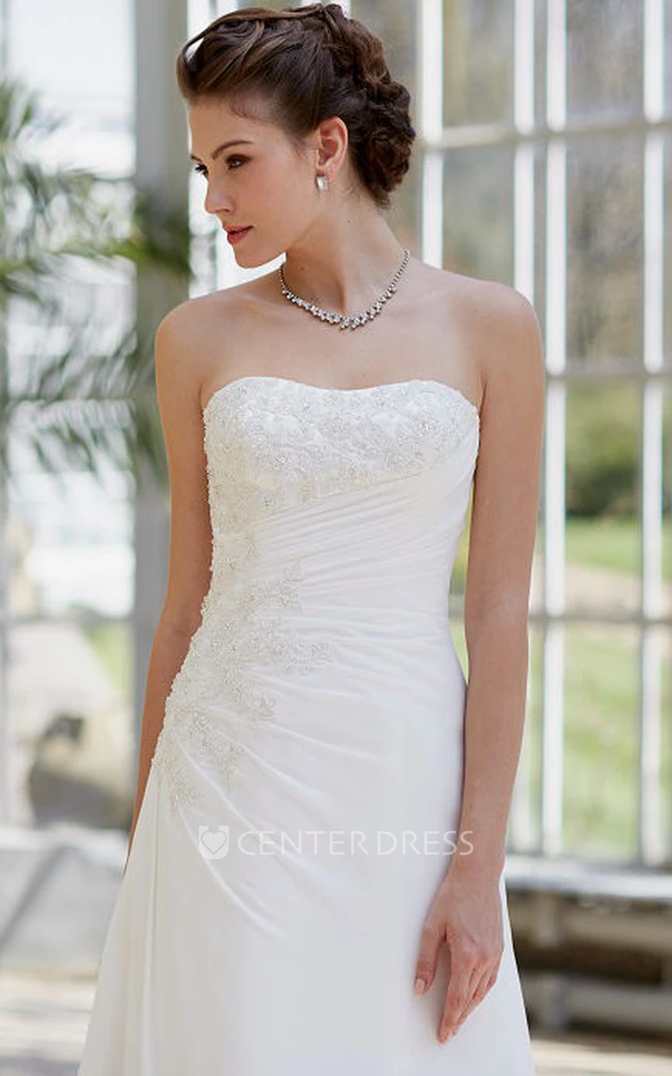 A-Line Strapless Beaded Sleeveless Floor-Length Satin Wedding Dress With Corset Back And Side Draping