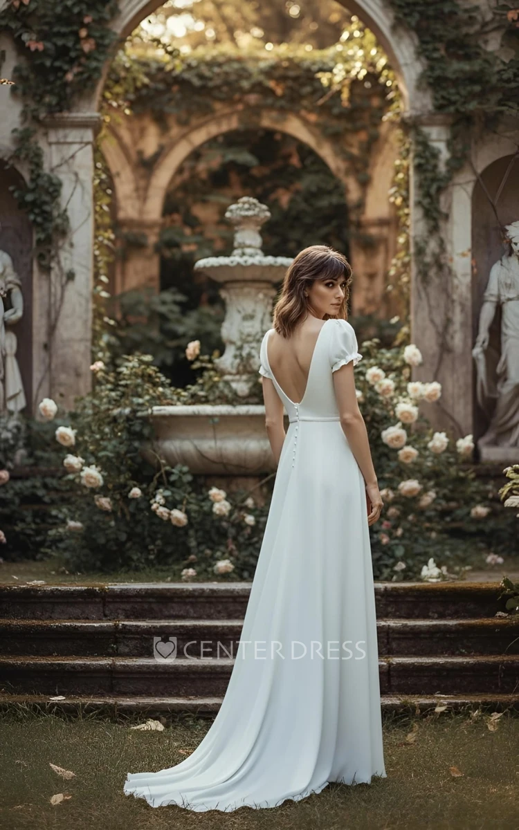 Simple A-Line Wedding Dress with Puff Sleeves Rustic Vintage Open Back Bridal Gown