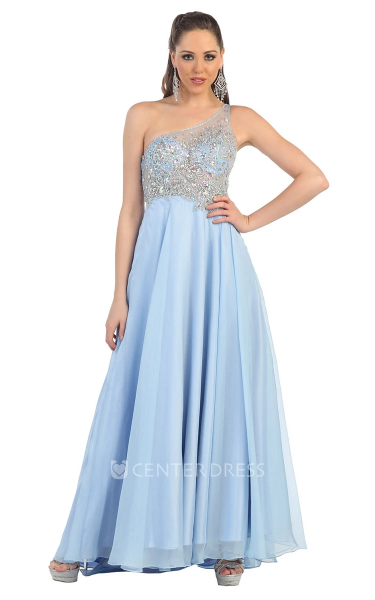 A-Line Long One-Shoulder Sleeveless Illusion Dress With Beading And Pleats