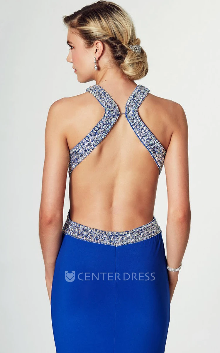 Beaded Sleeveless Strapped Jersey Prom Dress With Brush Train