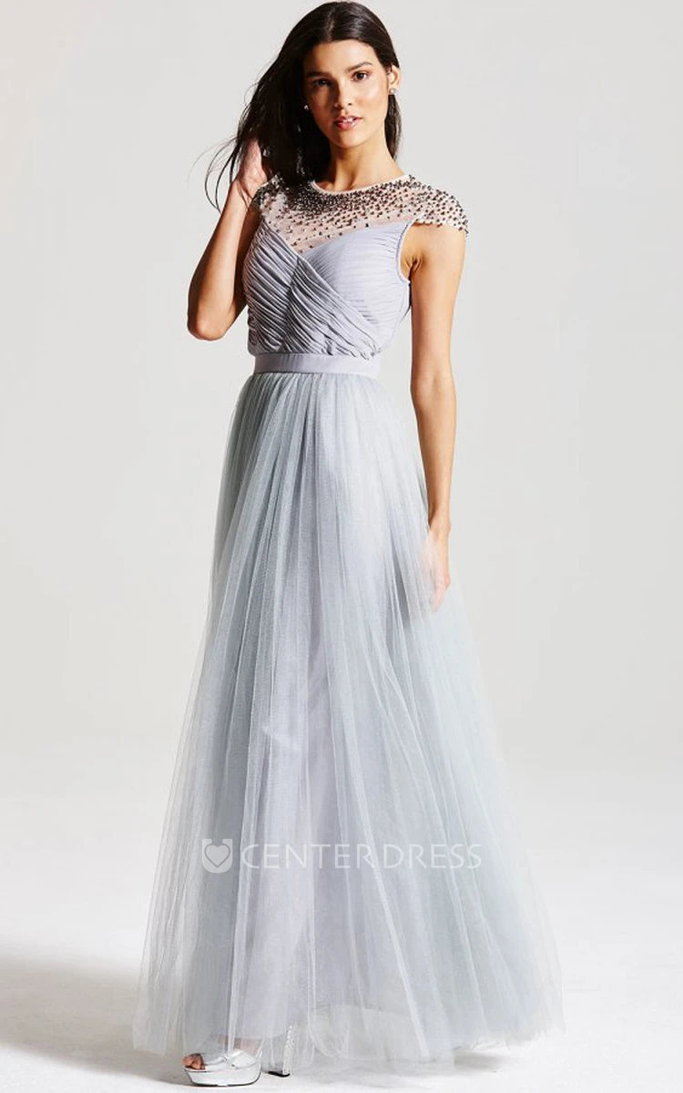 Criss-Cross Scoop Neck Cap Sleeve Tulle Bridesmaid Dress With Bow And Keyhole