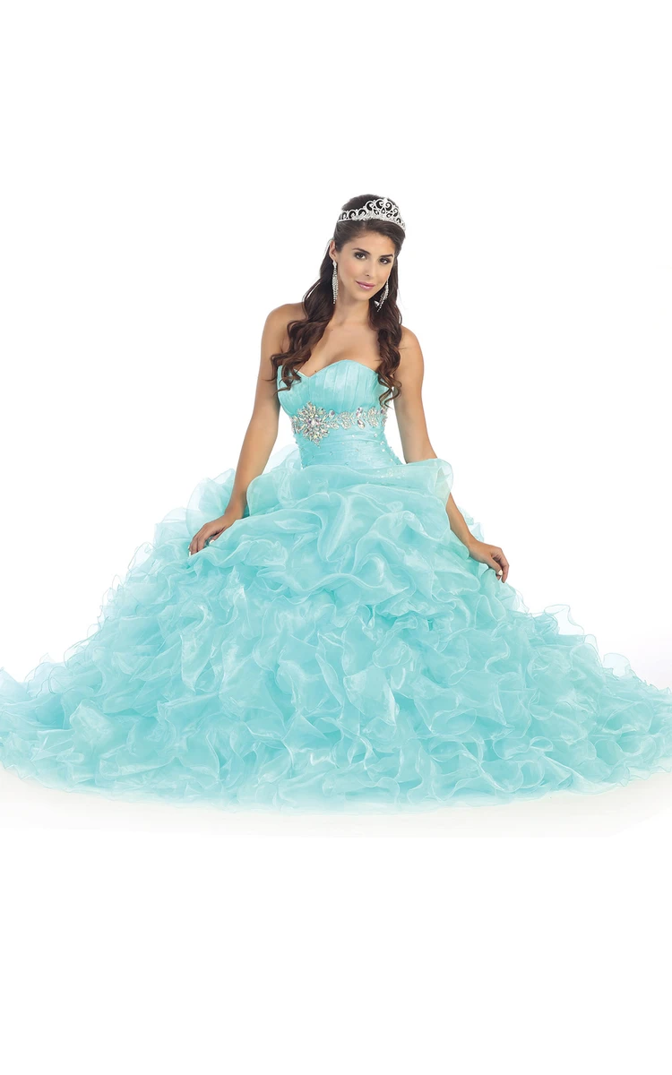 Ball Gown Sweetheart Sleeveless Organza Lace-Up Dress With Ruffles And Beading