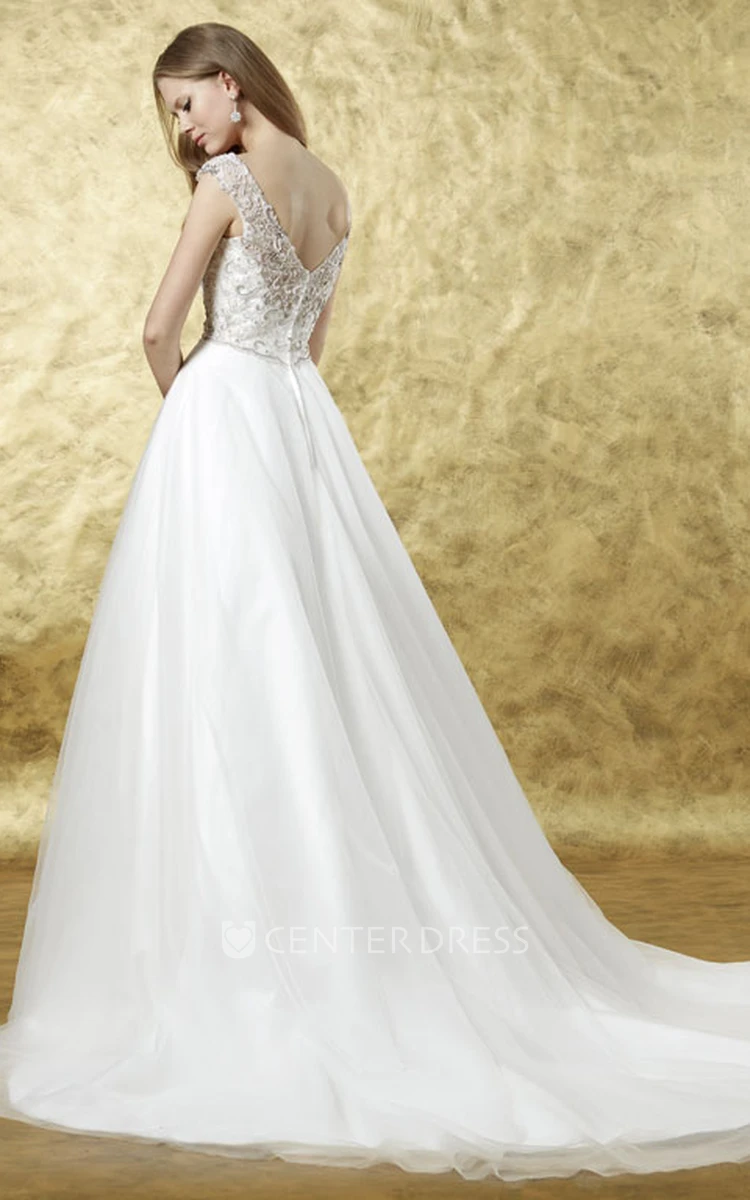 Square Floor-Length Beaded Tulle Wedding Dress With Court Train And V Back