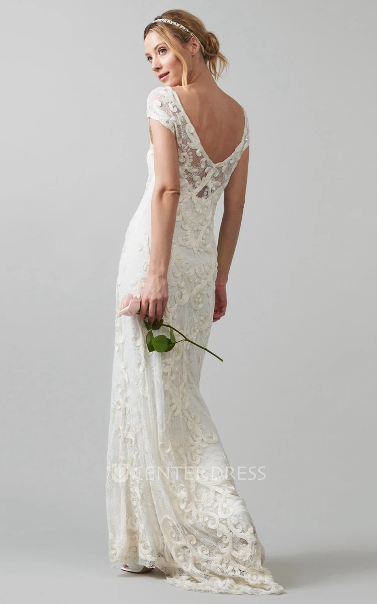 Sheath V-Neck Cap-Sleeve Lace Wedding Dress With Embroidery