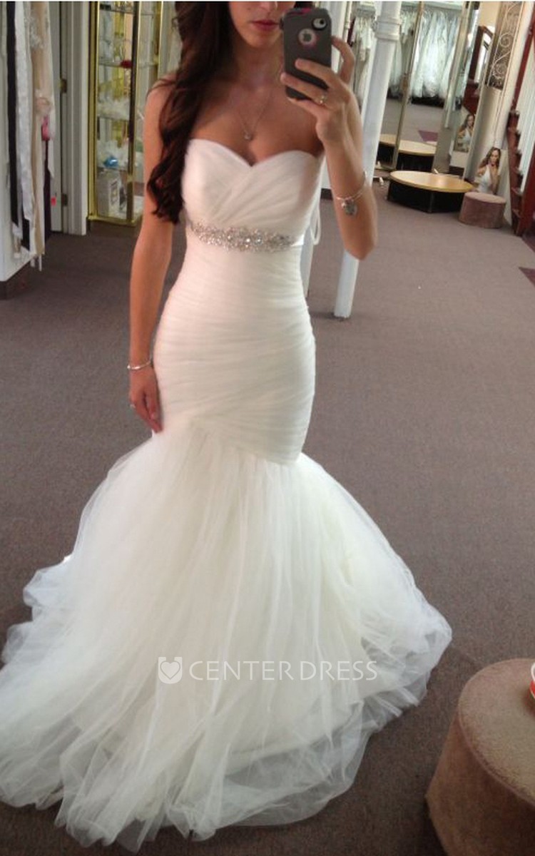 Strapless ruched mermaid shop tulle wedding dress