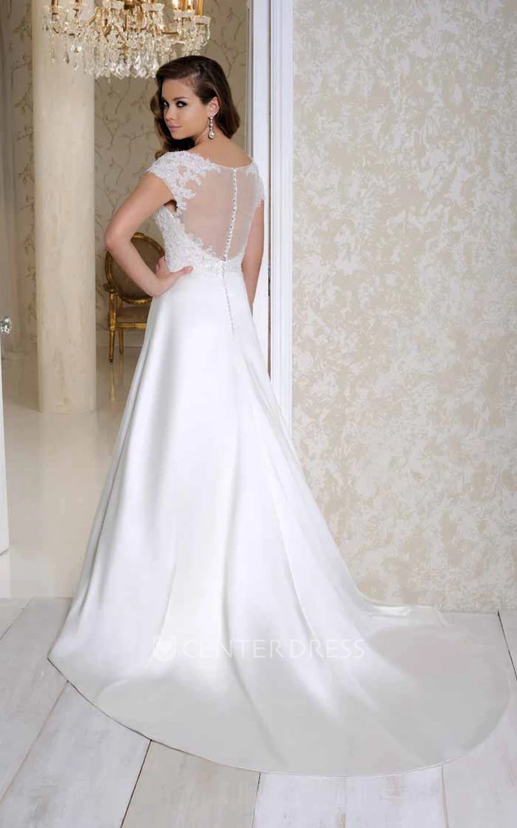 Long Bateau Appliqued Short-Sleeve Satin Wedding Dress With Court Train And Illusion