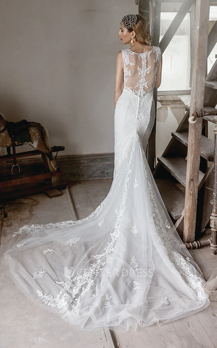 V-Neck Maxi Appliqued Lace Wedding Dress With Chapel Train And Illusion