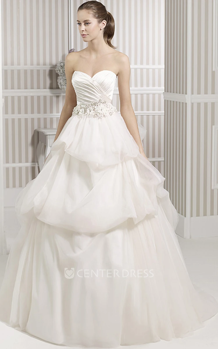 Ball Gown Long Jeweled Sweetheart Satin&Tulle Wedding Dress With Criss Cross And Pick Up