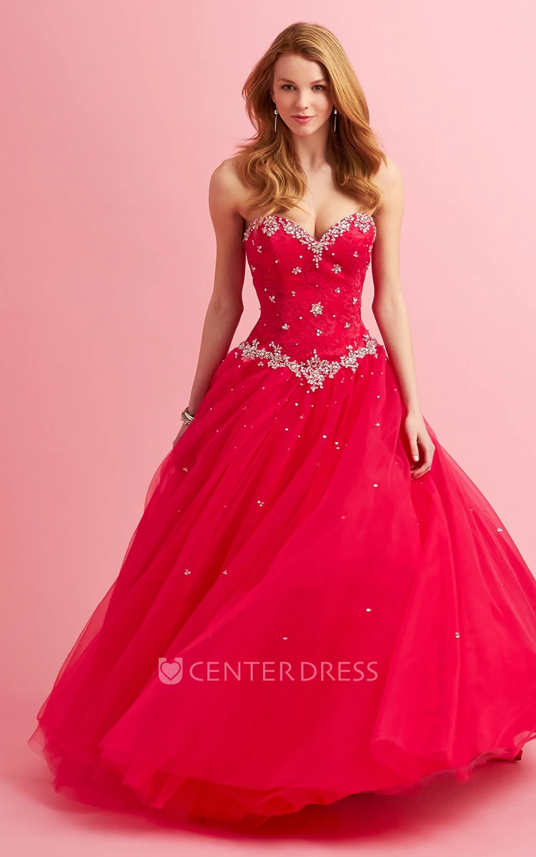 Ball Gown Maxi Sweetheart Sleeveless Tulle Dress With Lace And Beading