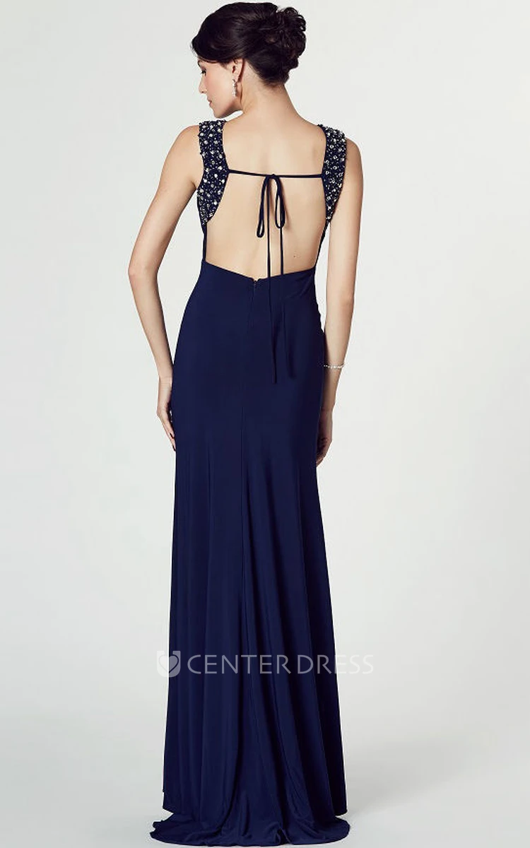 High-Low Scoop Neck Beaded Sleeveless Jersey Prom Dress With Brush Train