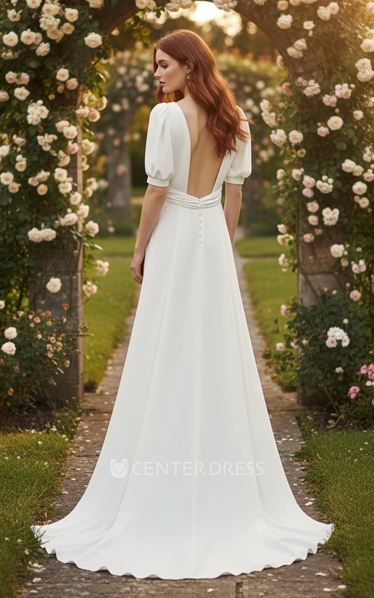 A-Line Puff Sleeve Minimalist Sheath Wedding Dress Simple V Neck Slit Bridal Gown for Outdoor Weddings
