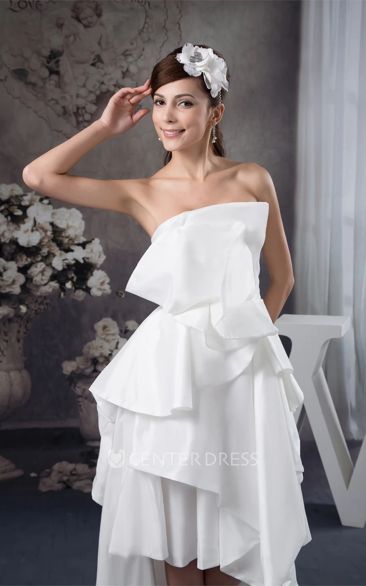 Modern Strapless High-Low Satin Prom Gown with Draped Design
