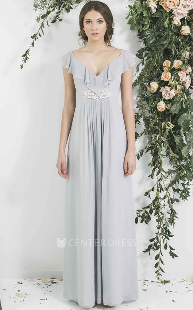 Pleated V-Neck Empire Poet Sleeve Chiffon Bridesmaid Dress With Waist Jewellery
