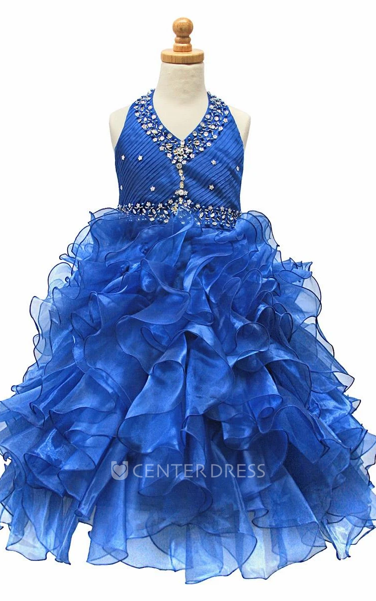 Tea-Length Ruffled Natural Tiered Beaded Sequins&Organza Flower Girl Dress With Sash