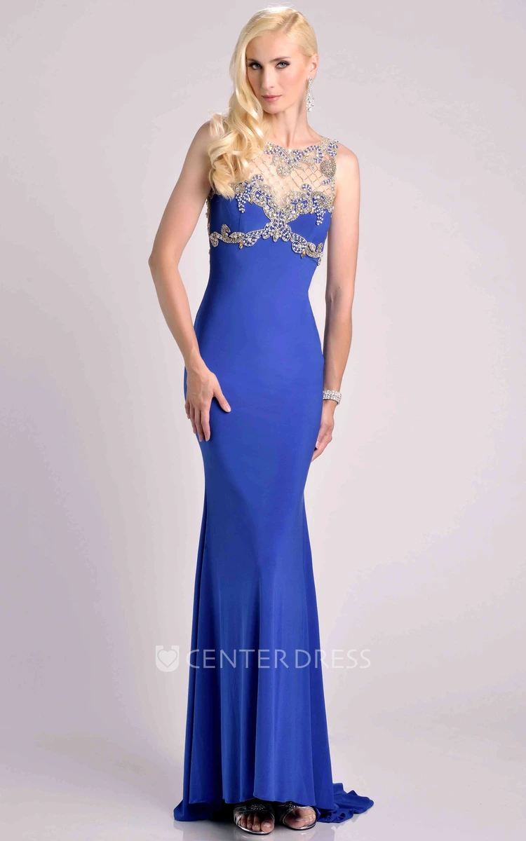 Sheath Sleeveless Jersey Prom Dress With Beaded Top And Bateau Neck