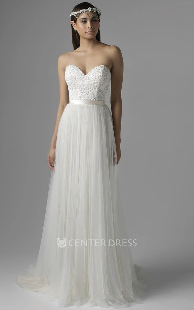 Sheath Floor-Length Sweetheart Tulle Wedding Dress With Ribbon And Corset Back