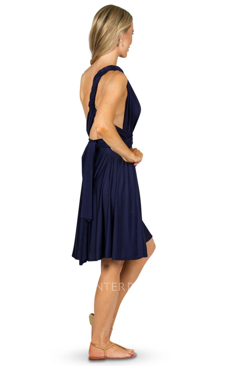 Knee-Length Sleeveless One-Shoulder Chiffon Convertible Bridesmaid Dress With Pleats