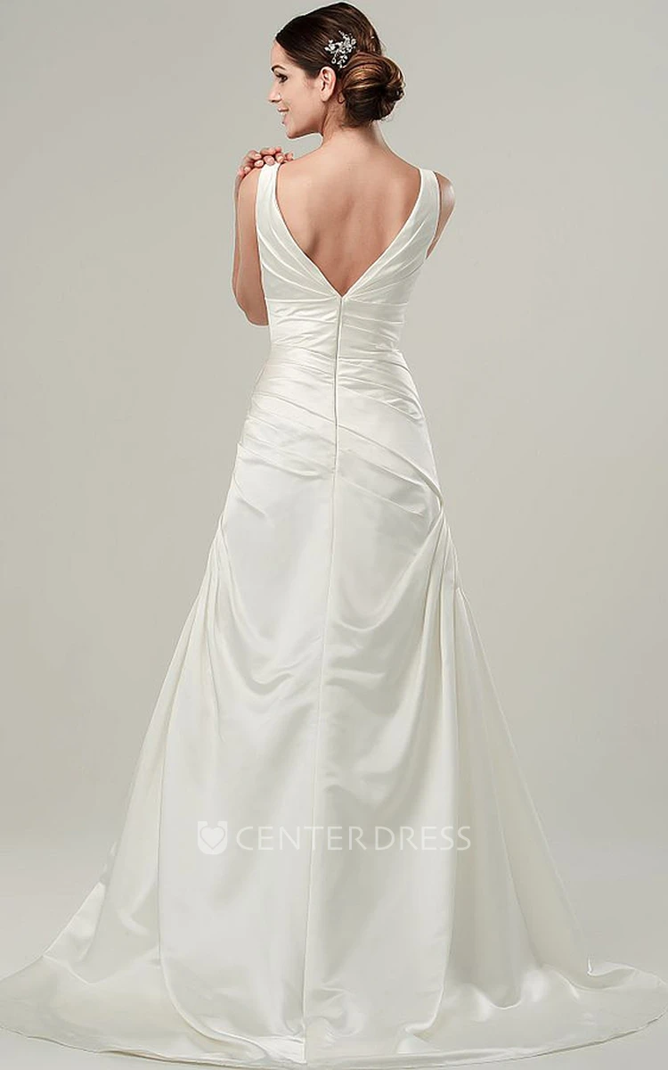 A-Line Floor-Length V-Neck Ruched Sleeveless Stretched Satin Wedding Dress With Broach