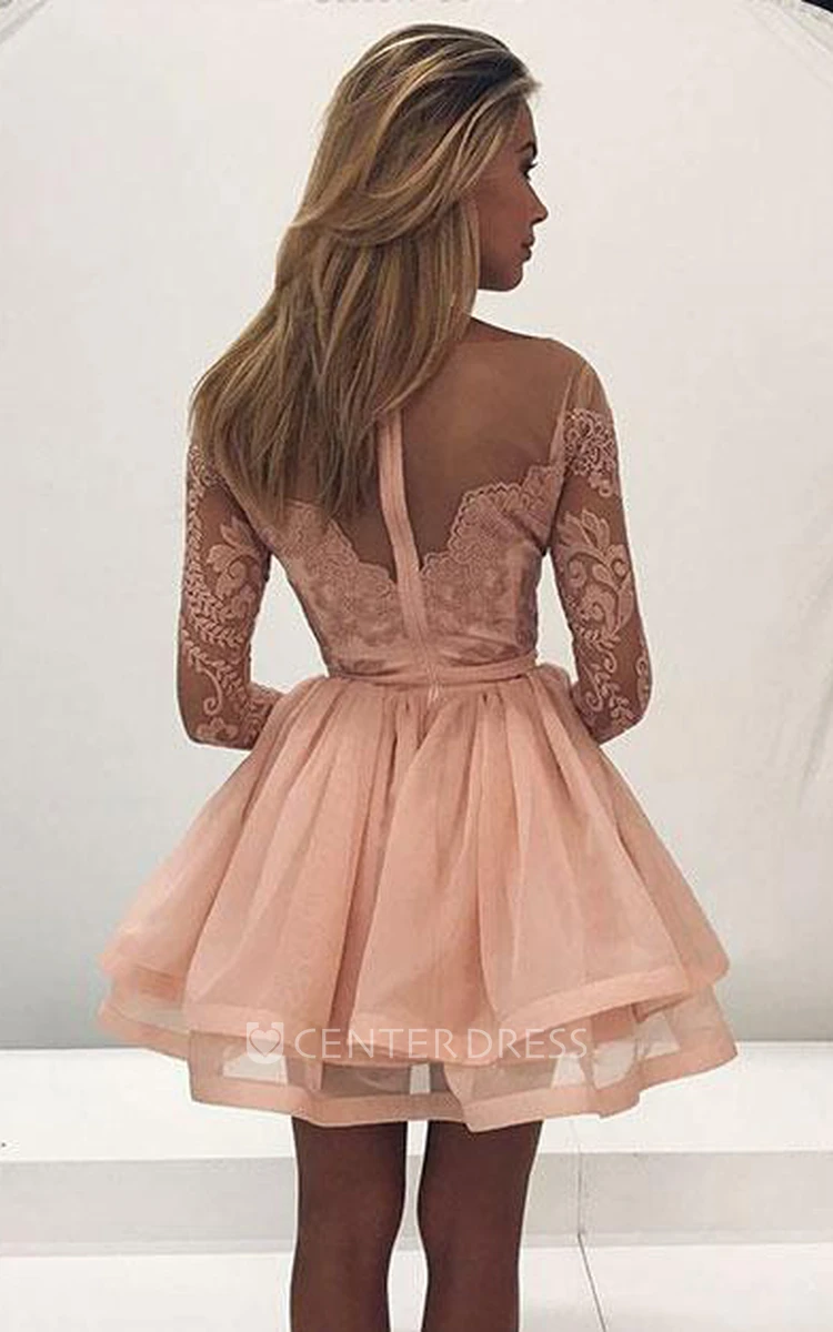 Simple A Line Lace Tulle Jewel Long Sleeve Homecoming Dress with Tiers