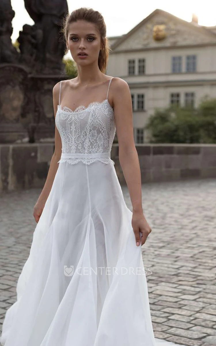 Elegant Lace A Line Floor-length Sleeveless Spaghetti Wedding Dress with Ruching